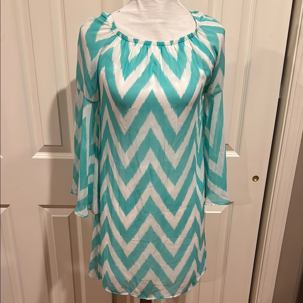 Rachel Kate Teal and White Chevron Mini Dress